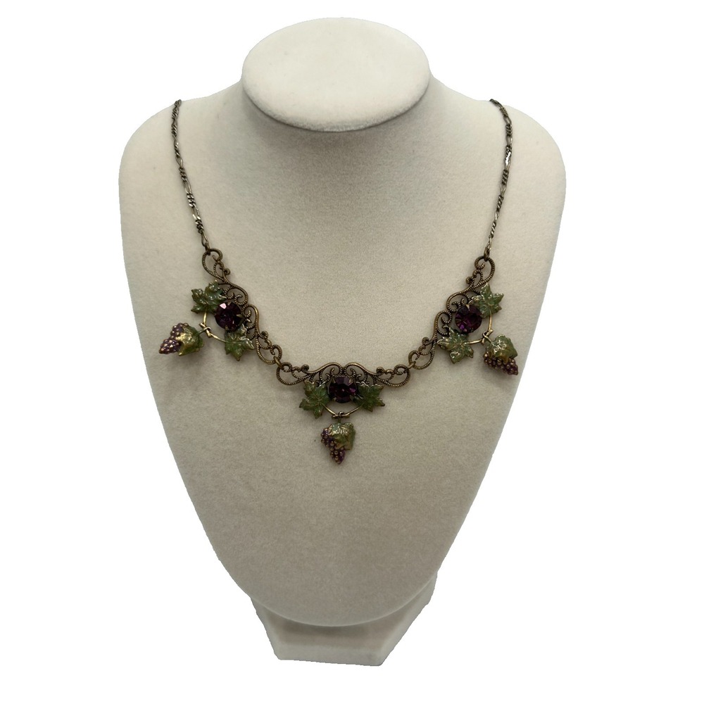 Sadie Green‎ Grape Cluster Purple Glass Rhinestone Enamel Leaves Necklace 19"